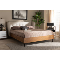 Baxton Studio BBT6809-Light Beige/Walnut-Full Catarina Mid-Century Modern Light Beige Fabric Upholstered Walnut Finished Wood Full Size Wingback Platform Bed